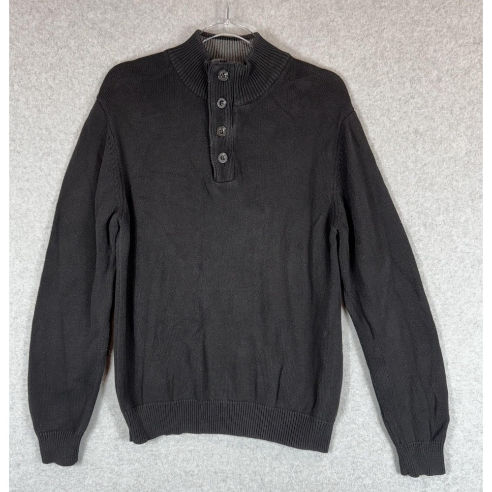 Grayson & Dunn Sweater Mens Medium Black Button Mock Neck Pullover Cotton Warm